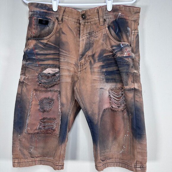 Switch Bermuda Denim Jean Shorts Men's 32 Brown Paint Streak Heavy Distressed - Picture 1 of 12